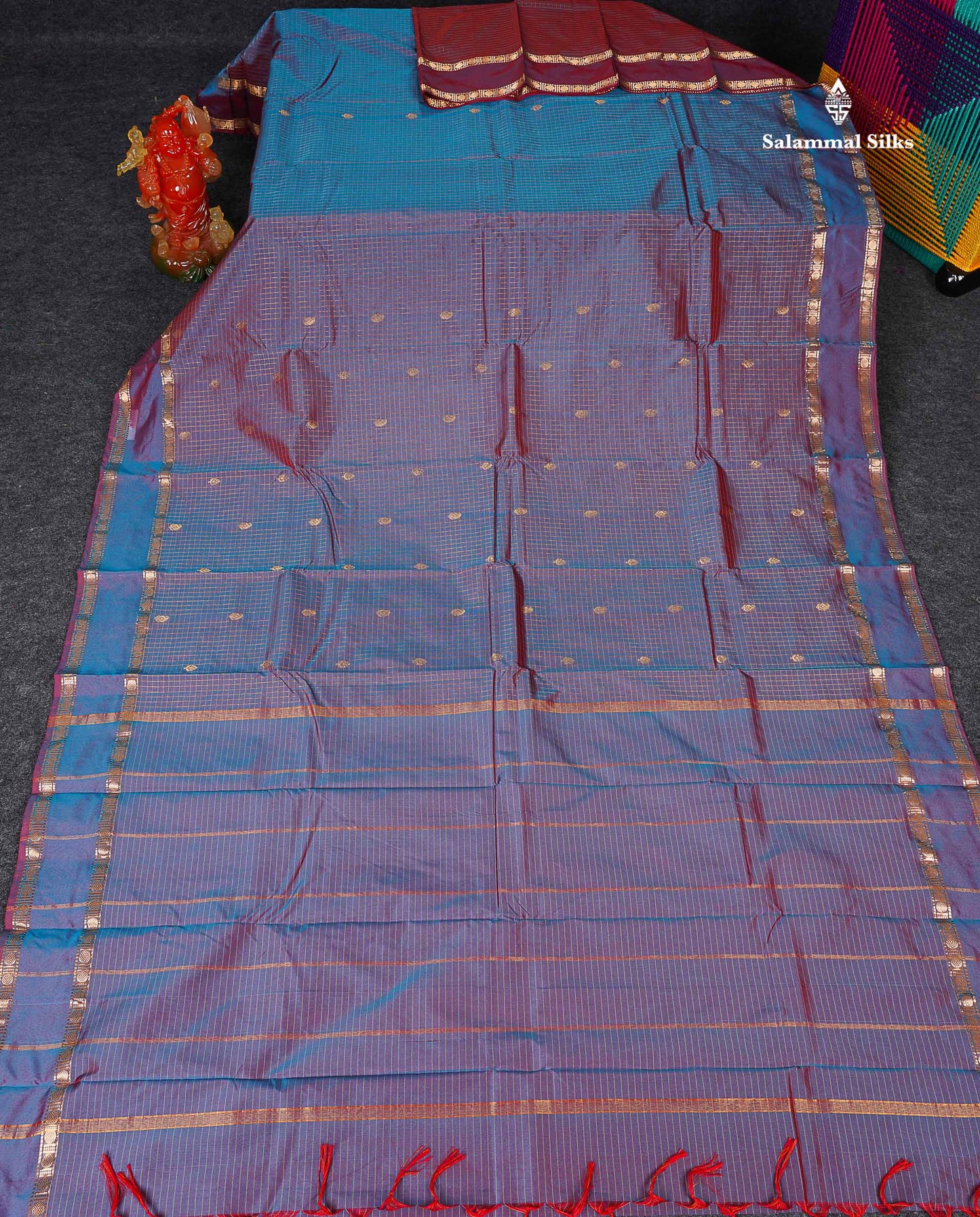 Semi Silk Saree - Dual Tone Blue Colour Body Zari Checks With Butta & Traditional Rettapet Border