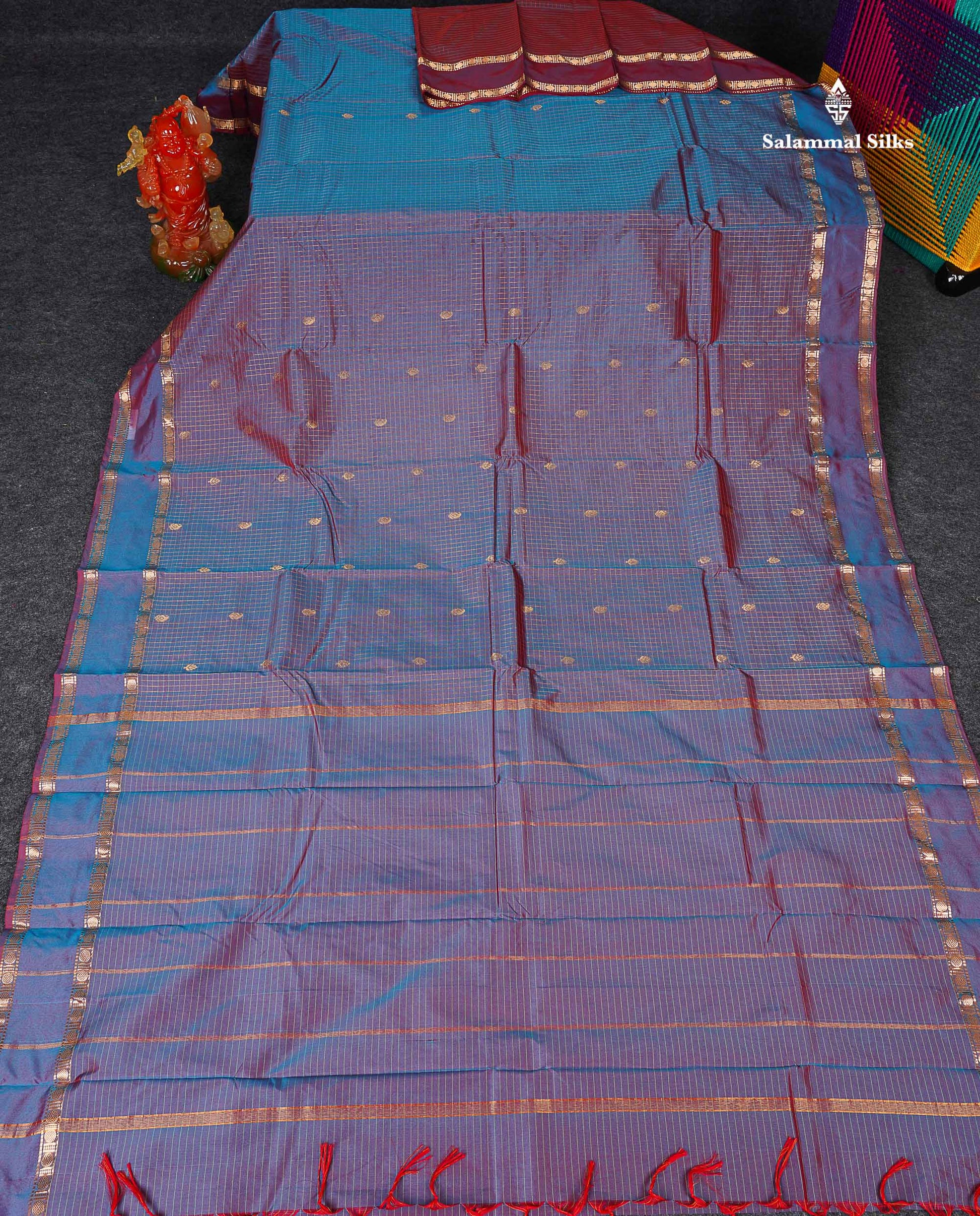 Semi Silk Saree - Dual Tone Blue Colour Body Zari Checks With Butta & Traditional Rettapet Border