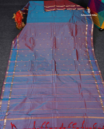 Semi Silk Saree - Dual Tone Blue Colour Body Zari Checks With Butta & Traditional Rettapet Border