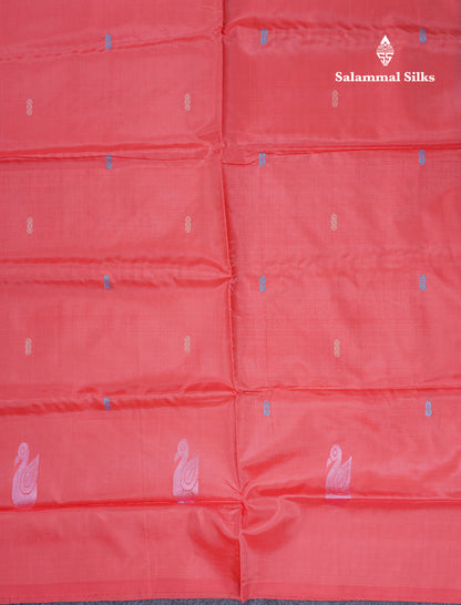 Dual Tone Peacock Blue Thread work Buttas Banana Pinth Saree (Vaazhainaar Pattu) With Contrast Orange Blouse