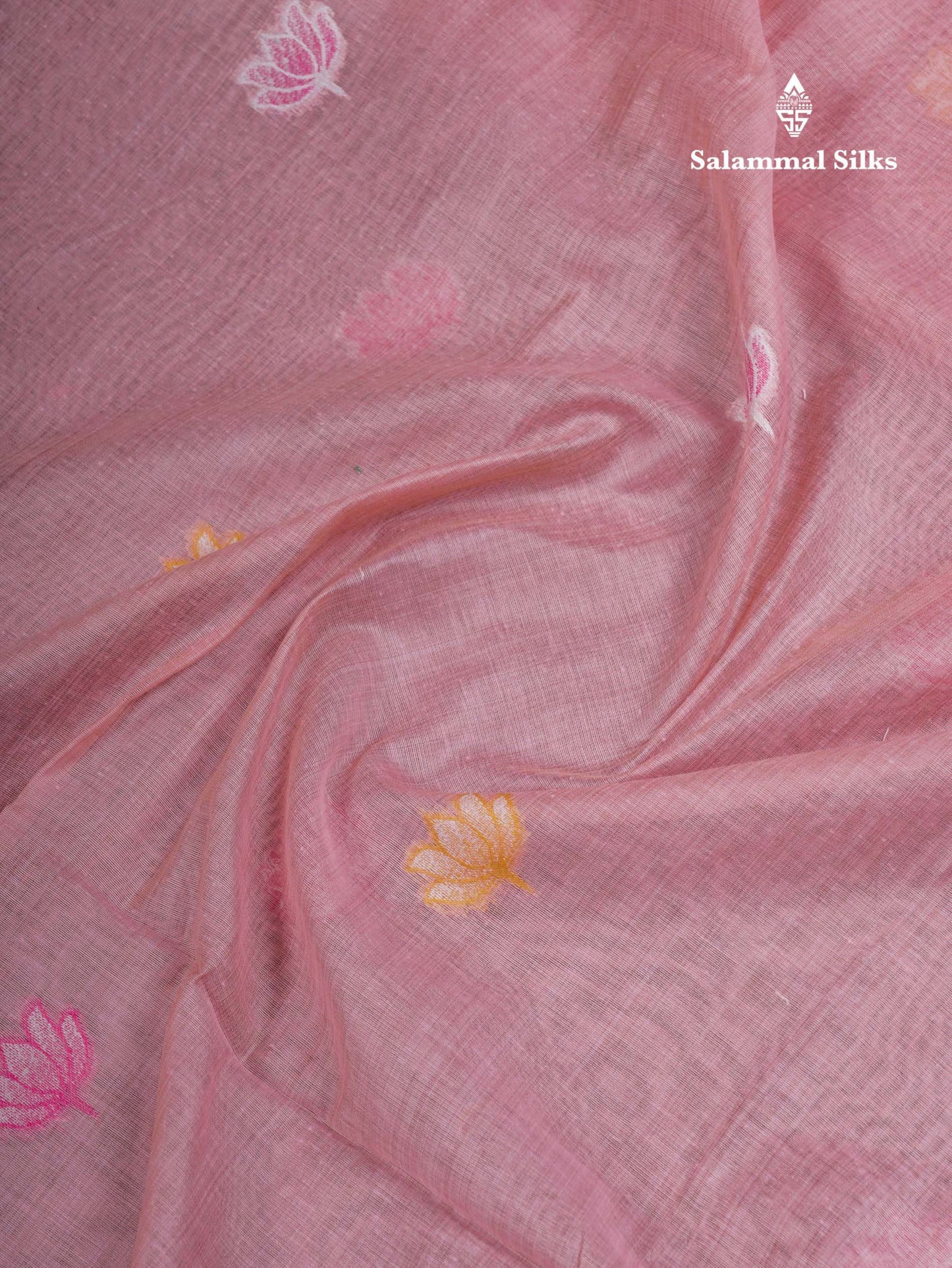 Beautiful Baby Pink Thread Work Buttas Muga Cotton Saree With Small Ribbon Border