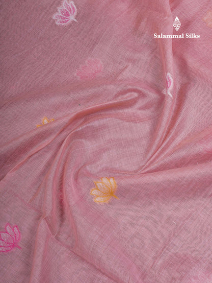 Beautiful Baby Pink Thread Work Buttas Muga Cotton Saree With Small Ribbon Border