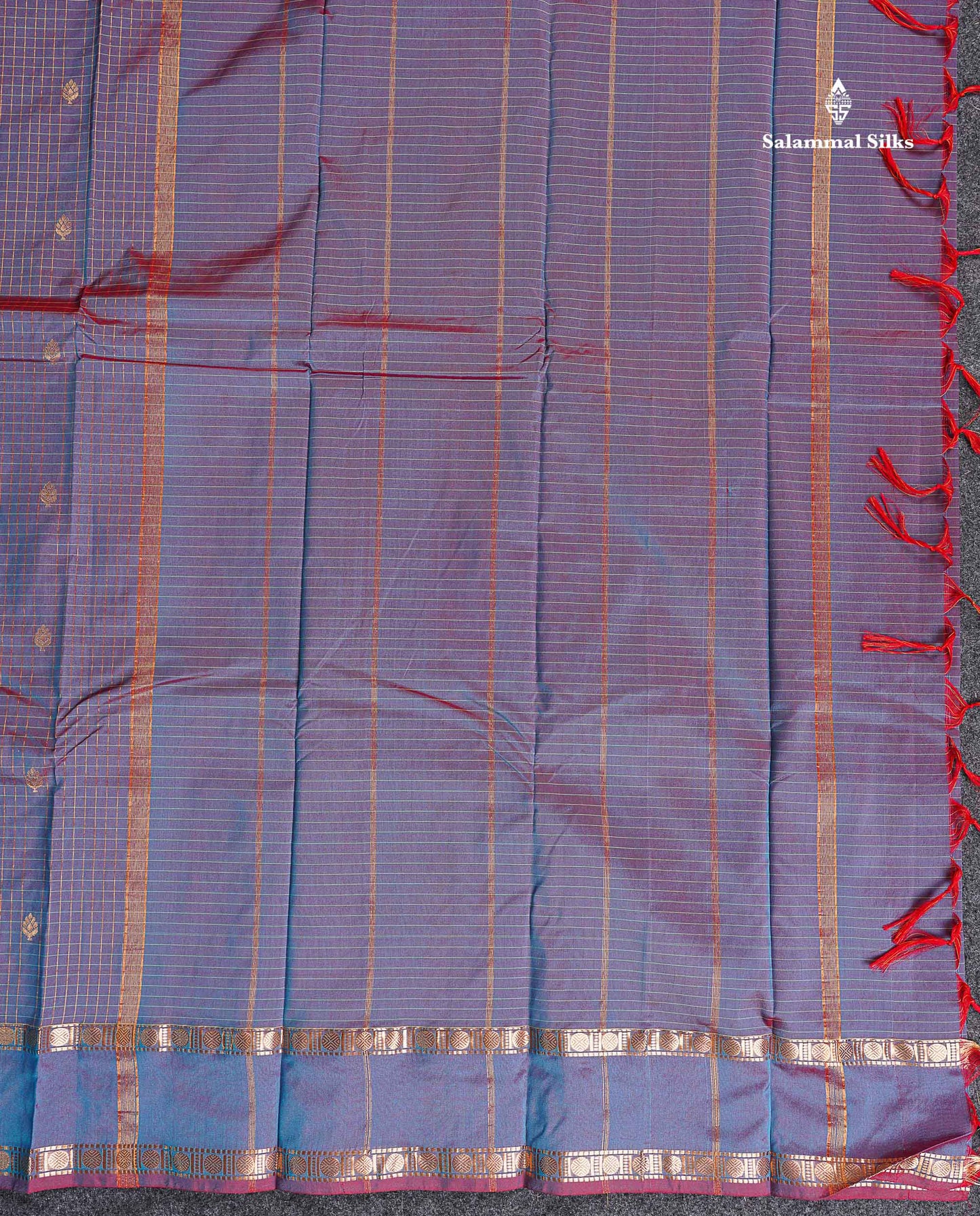 Semi Silk Saree - Orange Colour Body Zari Checks With Butta & Traditional Rettapet Border