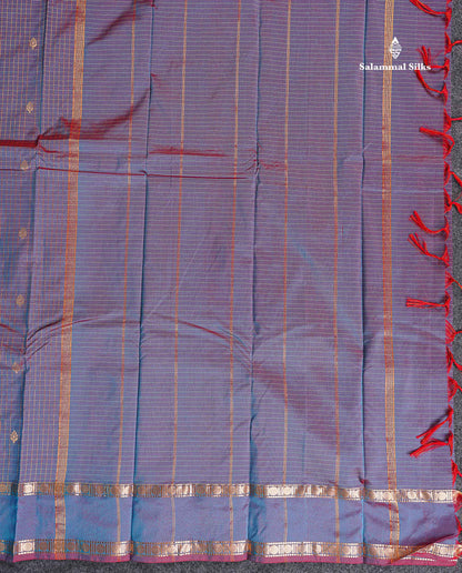 Semi Silk Saree - Orange Colour Body Zari Checks With Butta & Traditional Rettapet Border