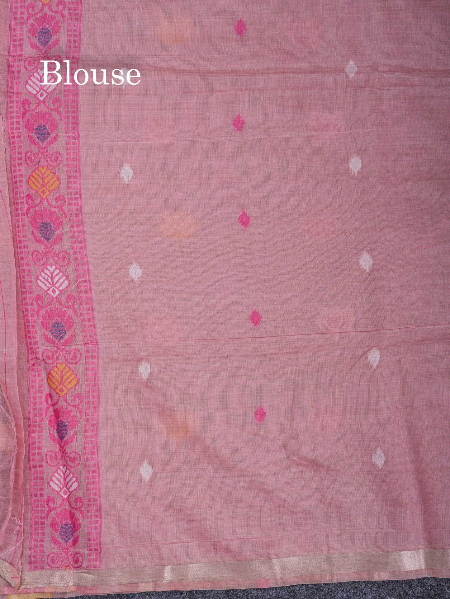 Beautiful Baby Pink Thread Work Buttas Muga Cotton Saree With Small Ribbon Border