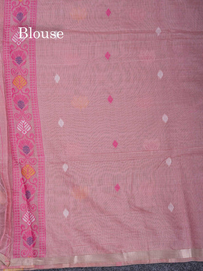 Beautiful Baby Pink Thread Work Buttas Muga Cotton Saree With Small Ribbon Border