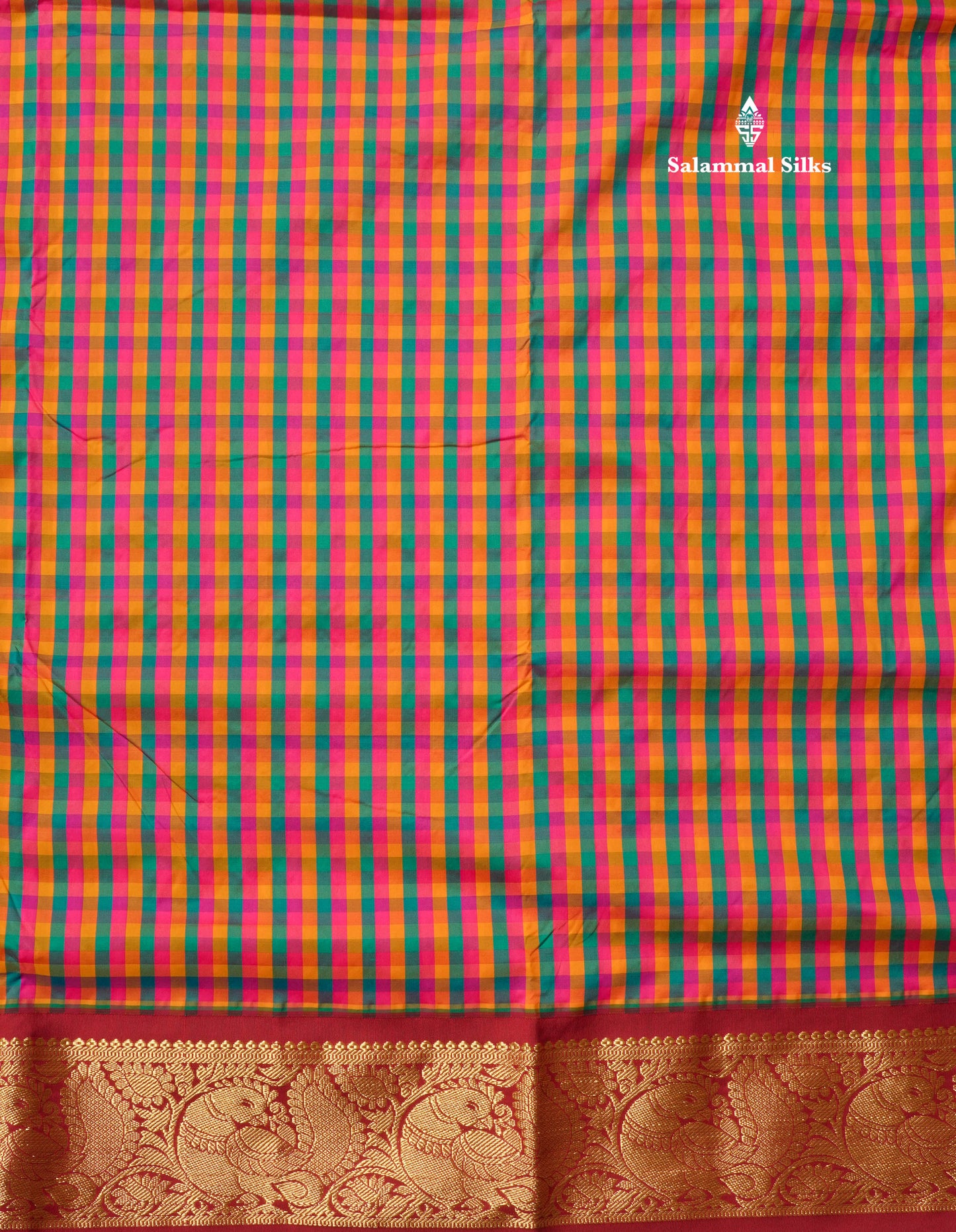 9.5 Yards Semi Silk Saree Multicolour Checks with Contrast Maroon Border