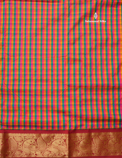 9.5 Yards Semi Silk Saree Multicolour Checks with Contrast Maroon Border