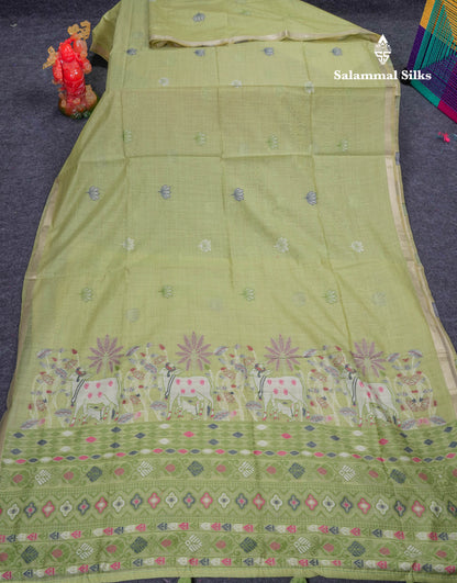 Beautiful Baby Pink Thread Work Buttas Muga Cotton Saree With Small Ribbon Border