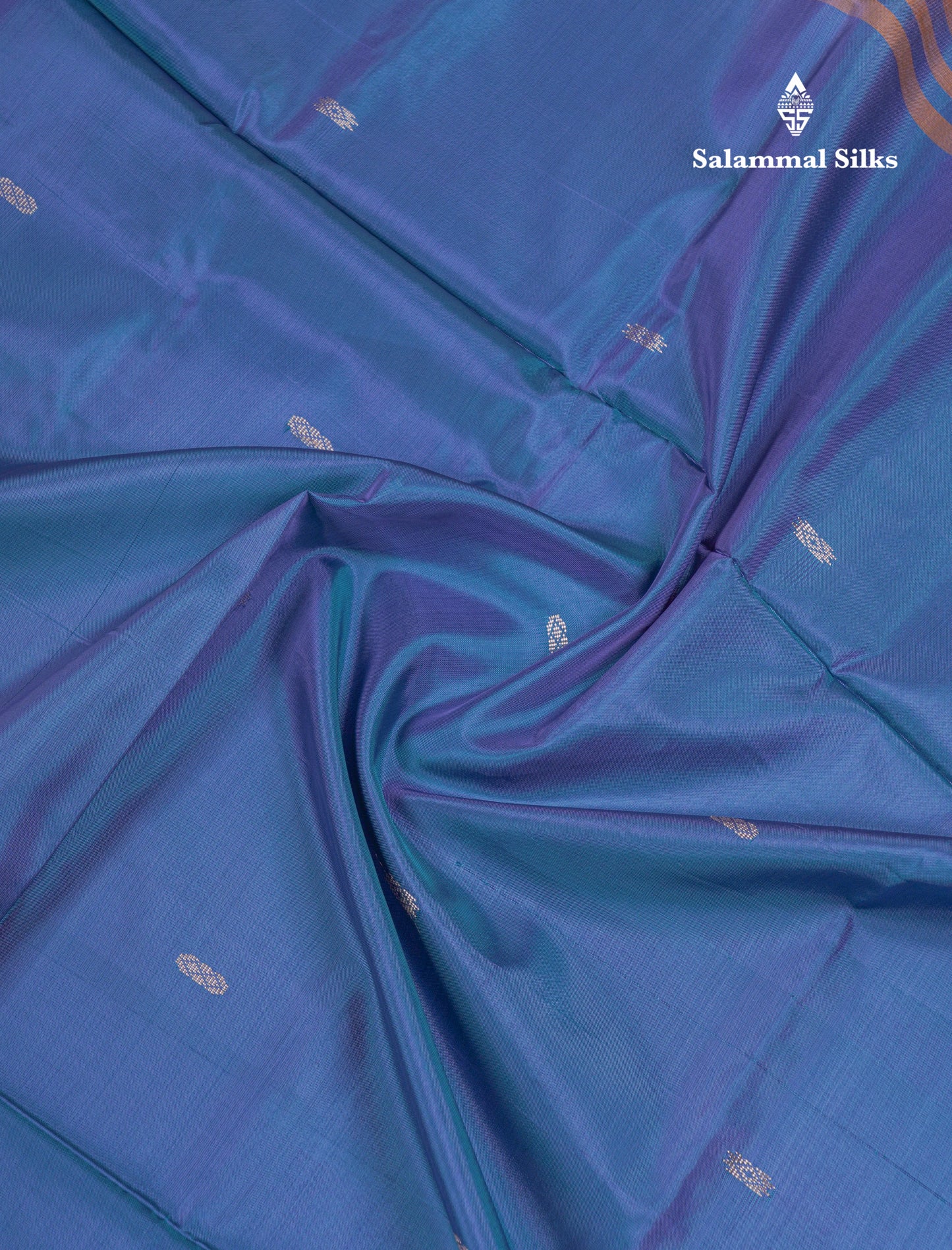 Dual Tone Peacock Blue Thread work Buttas Banana Pinth Saree (Vaazhainaar Pattu) With Contrast Orange Blouse
