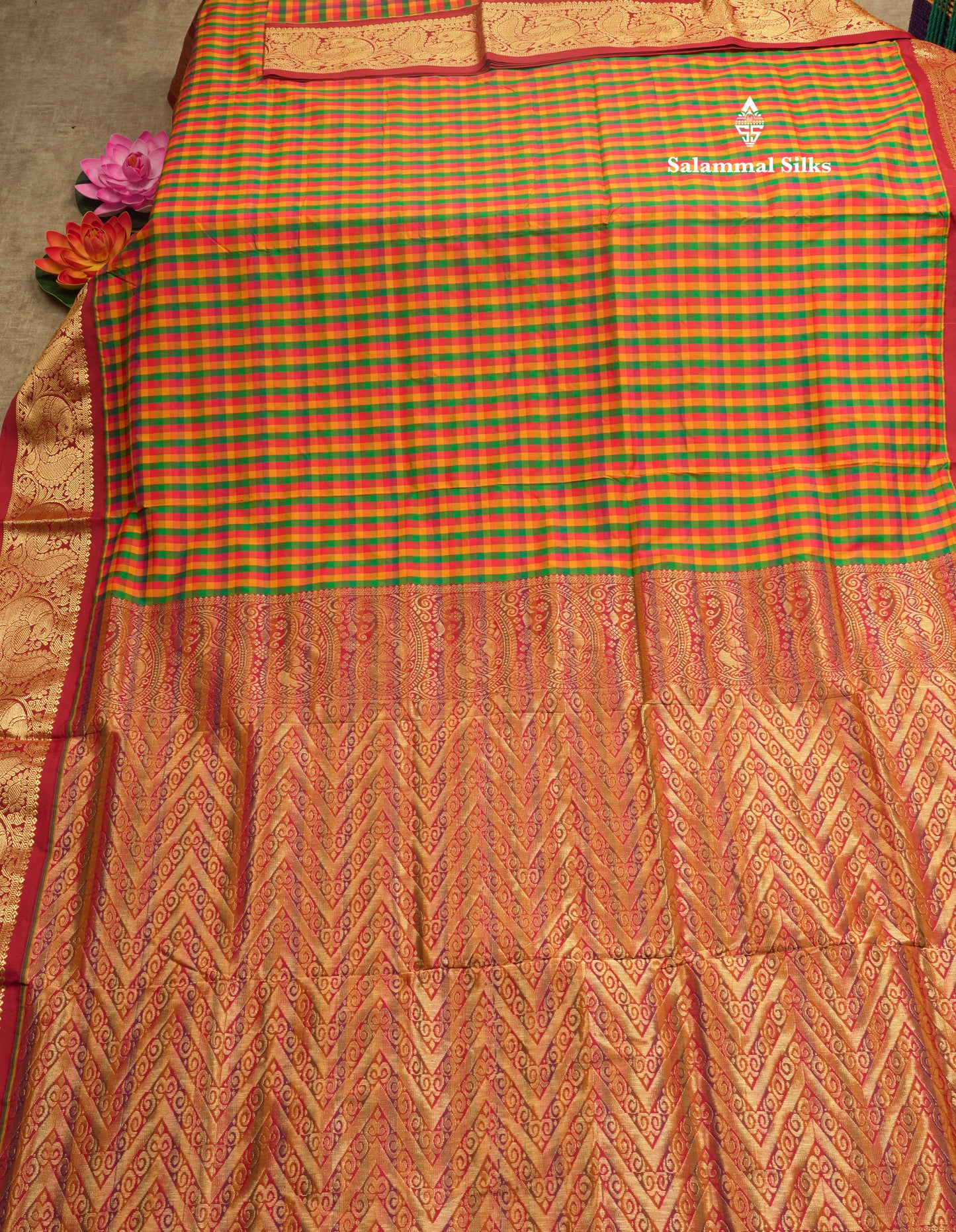 9.5 Yards Semi Silk Saree Multicolour Checks with Contrast Maroon Border
