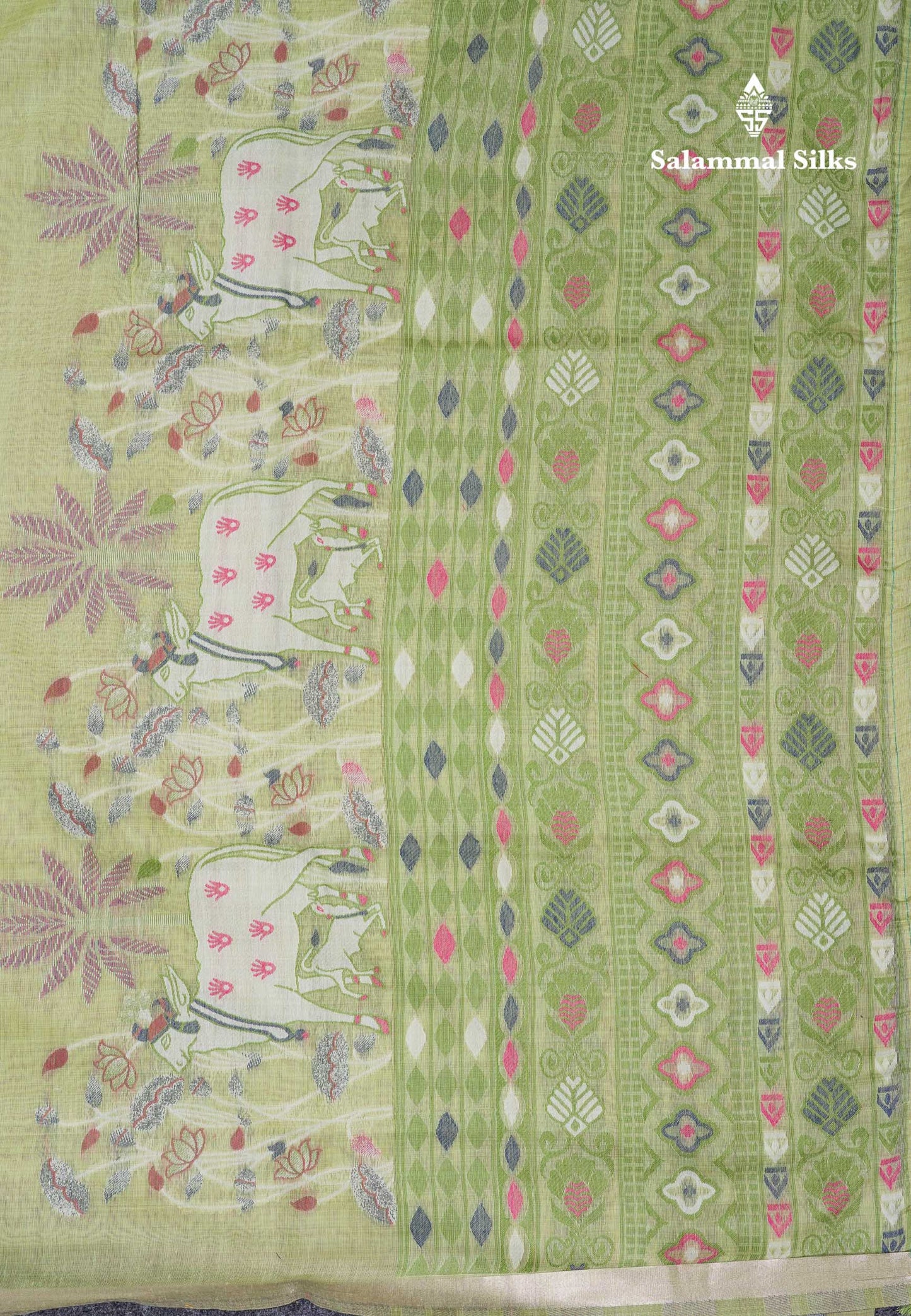 Beautiful Baby Pink Thread Work Buttas Muga Cotton Saree With Small Ribbon Border