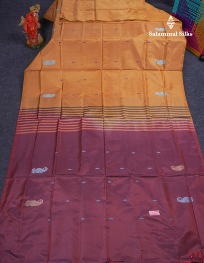Sandal Thread work Buttas Banana Pinth Saree (Vaazhainaar Pattu) With Contrast Dark Maroon Blouse