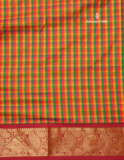 9.5 Yards Semi Silk Saree Multicolour Checks with Contrast Maroon Border
