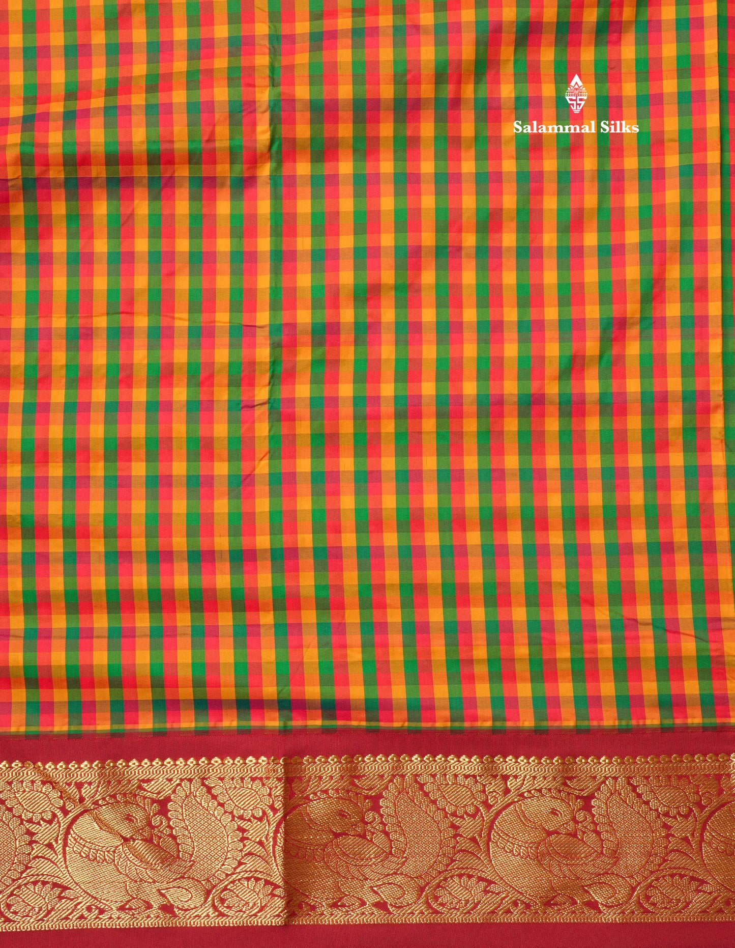 9.5 Yards Semi Silk Saree Multicolour Checks with Contrast Maroon Border