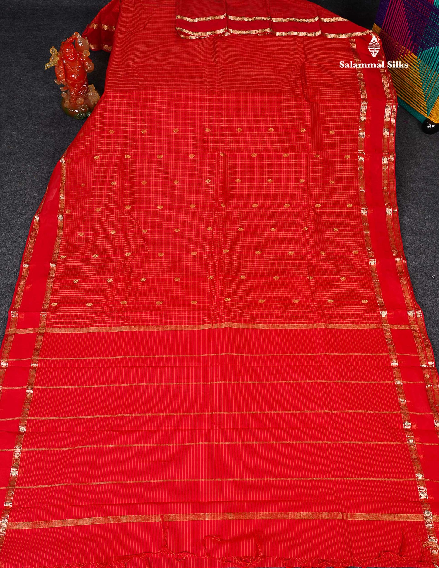 Semi Silk Saree - Dual Tone Red Colour Body Zari Checks With Butta & Traditional Rettapet Border