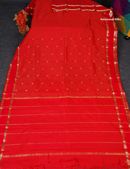 Semi Silk Saree - Dual Tone Red Colour Body Zari Checks With Butta & Traditional Rettapet Border
