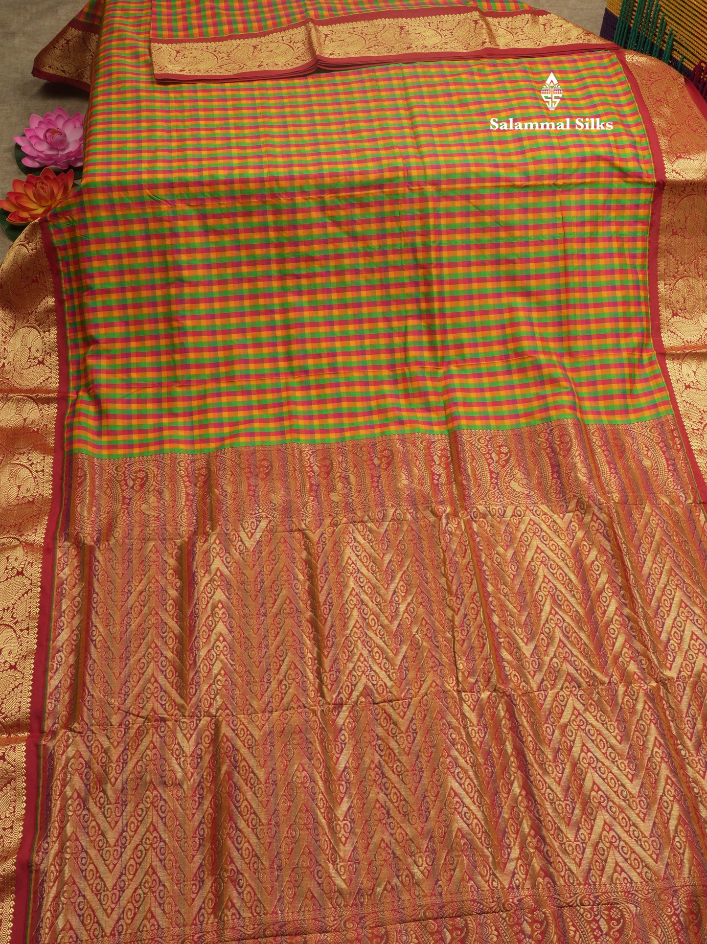 9.5 Yards Semi Silk Saree Multicolour Checks with Contrast Maroon Border