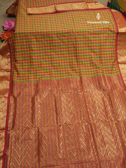 9.5 Yards Semi Silk Saree Multicolour Checks with Contrast Maroon Border