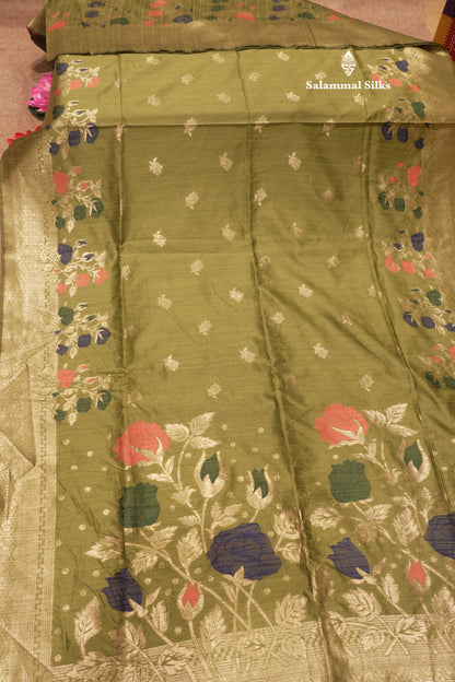 Olive Green Jute Cotton Fancy Saree With Blouse