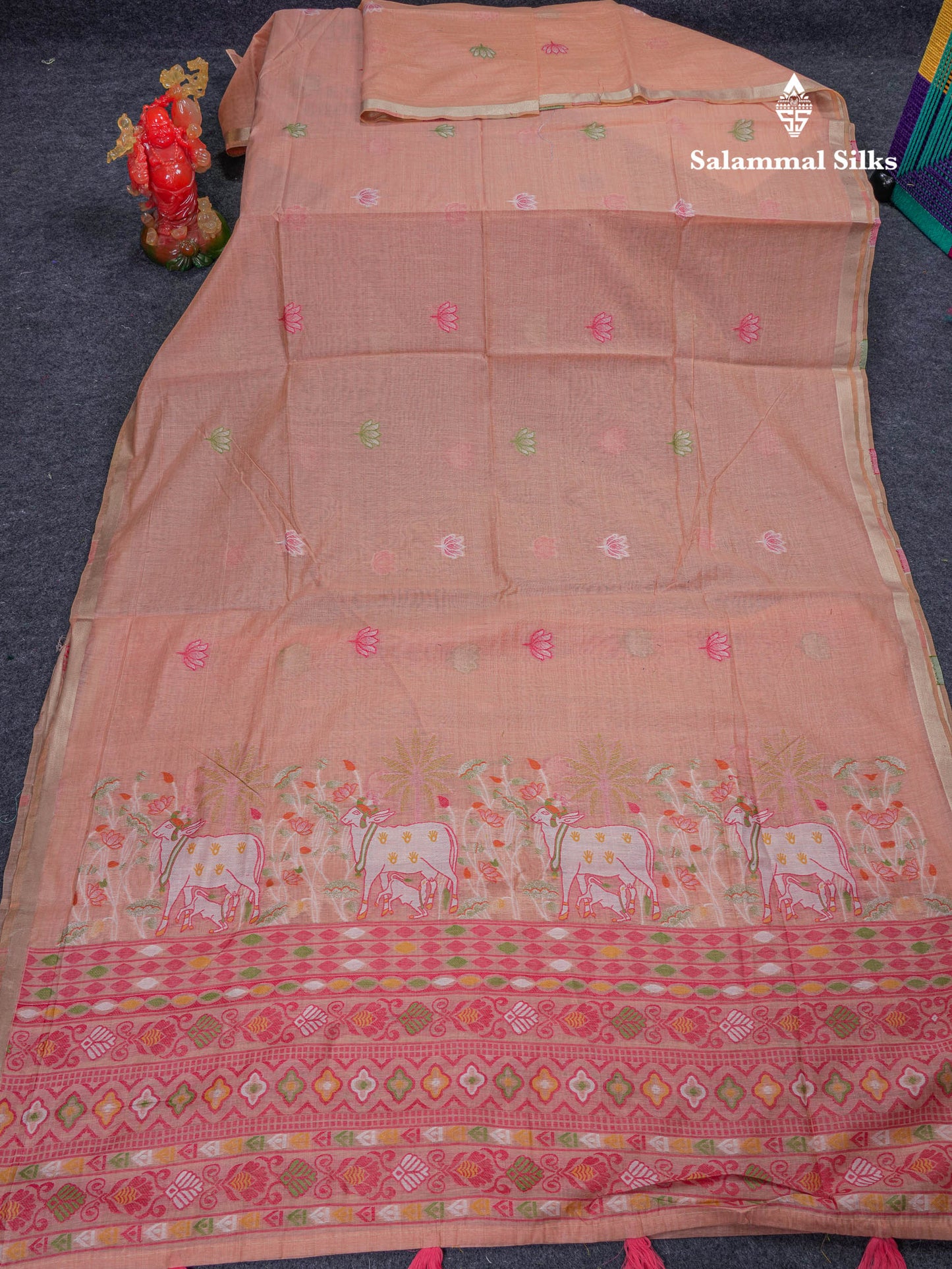 Beautiful Baby Pink Thread Work Buttas Muga Cotton Saree With Small Ribbon Border
