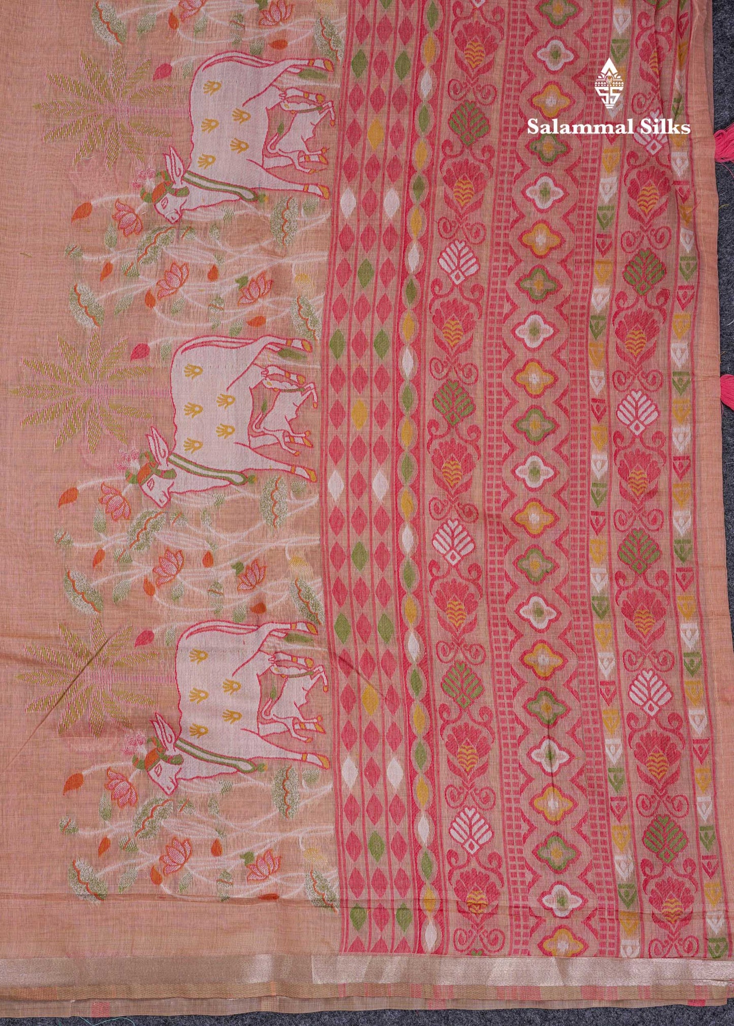 Beautiful Baby Pink Thread Work Buttas Muga Cotton Saree With Small Ribbon Border