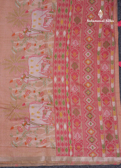 Beautiful Baby Pink Thread Work Buttas Muga Cotton Saree With Small Ribbon Border