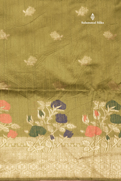 Olive Green Jute Cotton Fancy Saree With Blouse