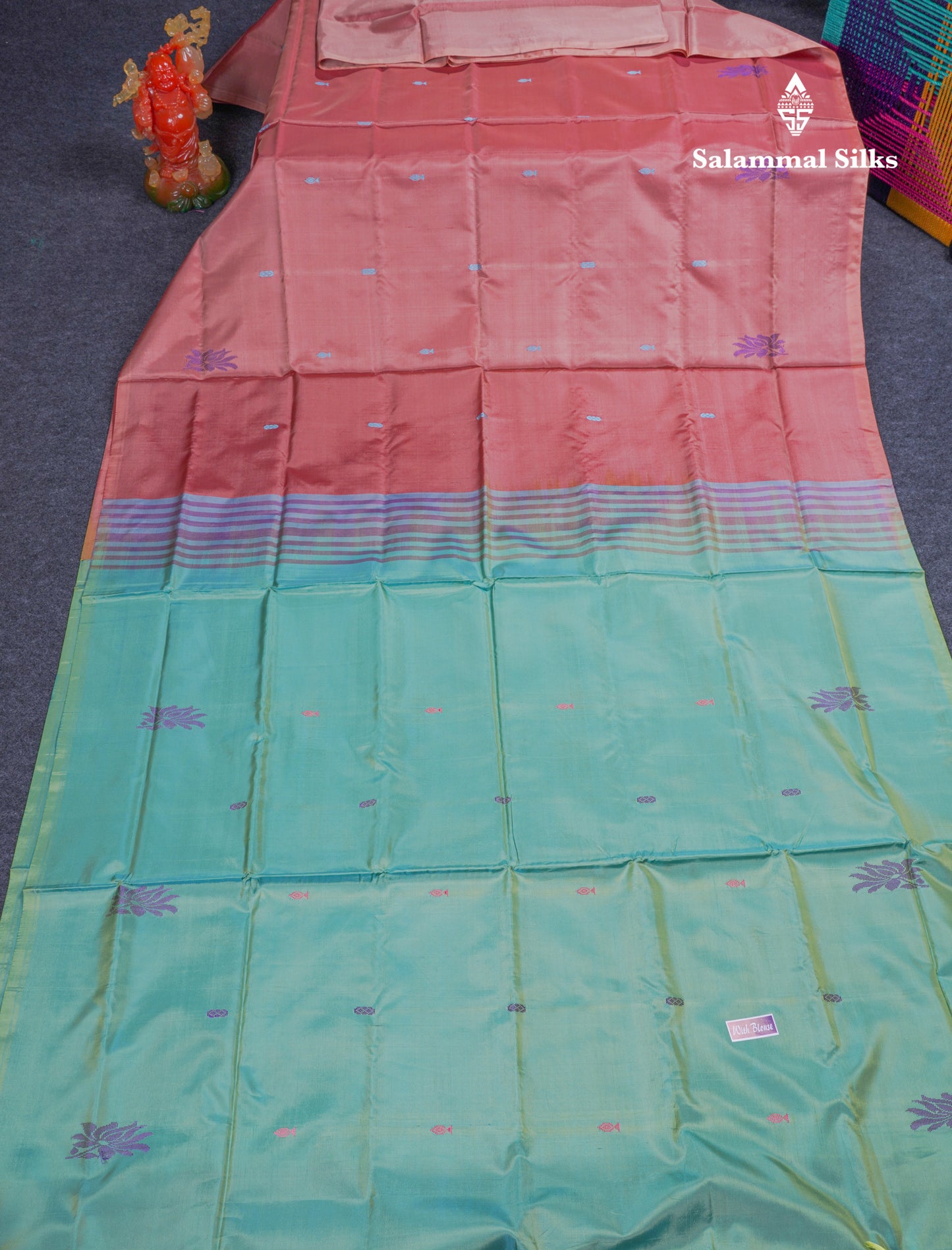 Dual Tone Blue Thread work Buttas Banana Pinth Saree (Vaazhainaar Pattu) With Contrast Pink Blouse