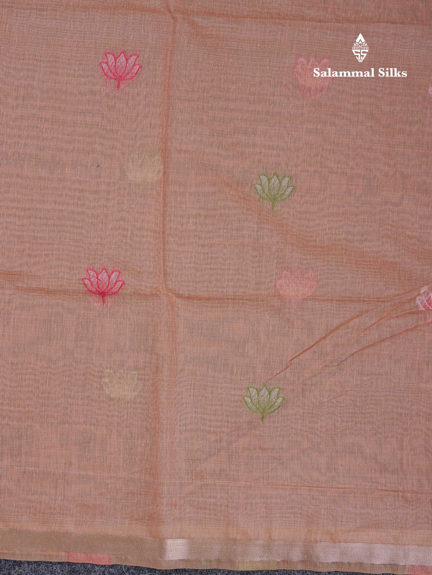 Beautiful Baby Pink Thread Work Buttas Muga Cotton Saree With Small Ribbon Border