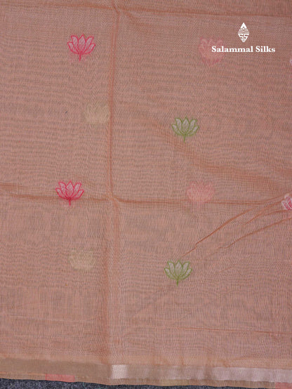 Beautiful Baby Pink Thread Work Buttas Muga Cotton Saree With Small Ribbon Border