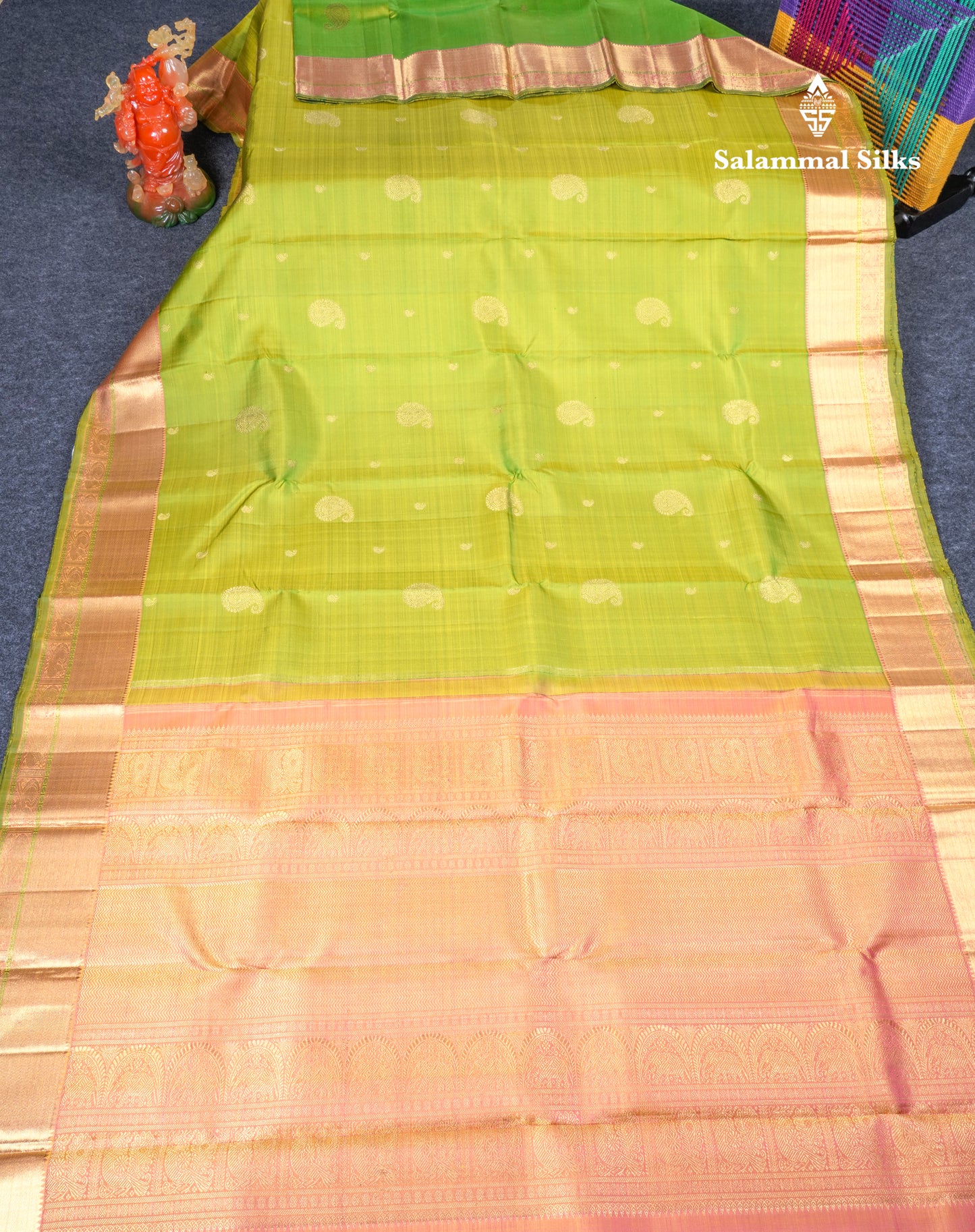 Parrot Green Traditional Buttas Pure Kanjivaram Silk Saree Pure Zari with Pink Border