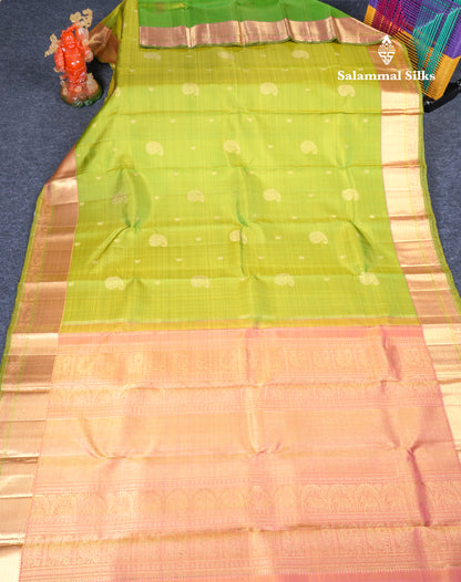 Parrot Green Traditional Buttas Pure Kanjivaram Silk Saree Pure Zari with Pink Border