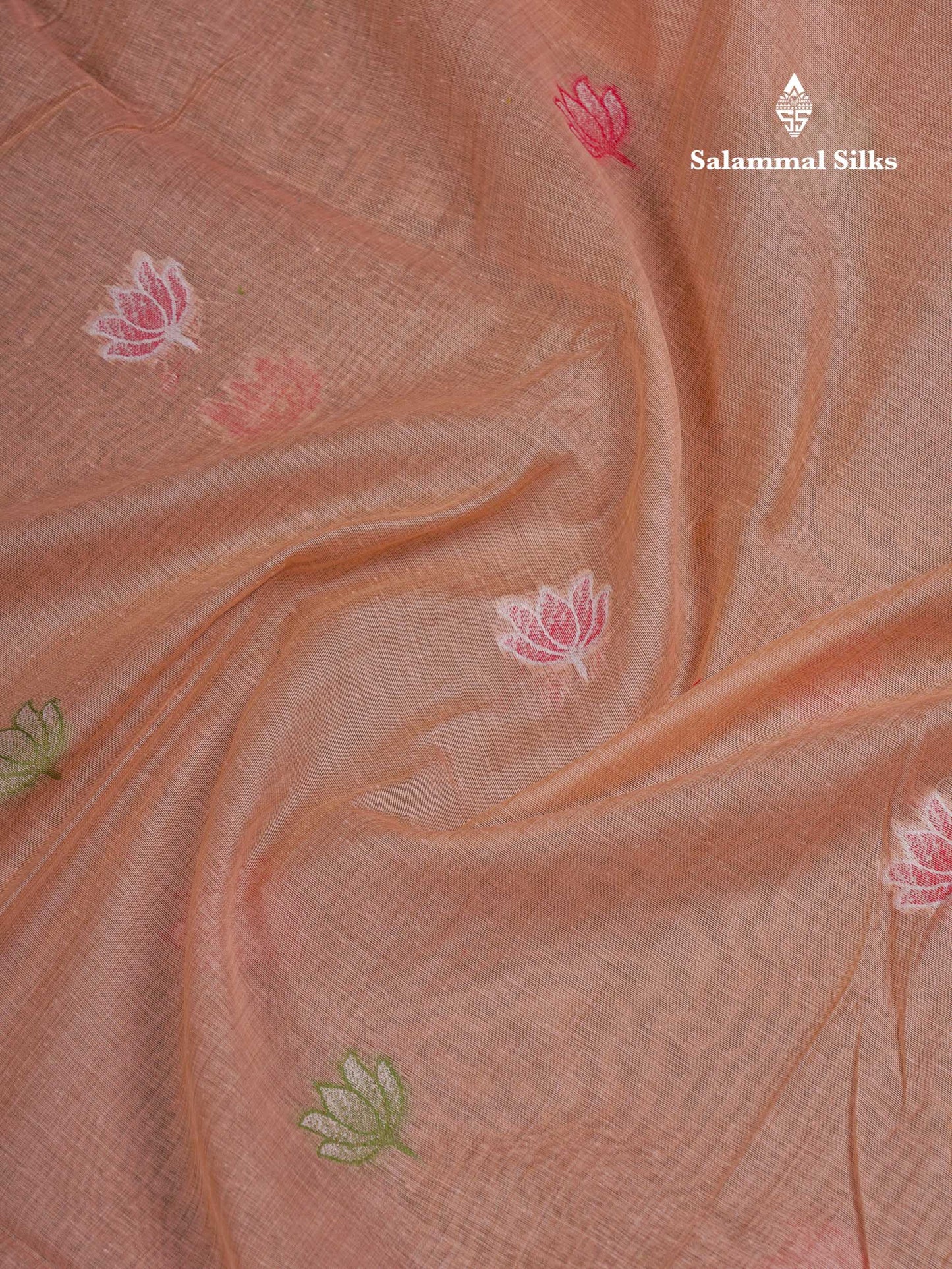 Beautiful Baby Pink Thread Work Buttas Muga Cotton Saree With Small Ribbon Border