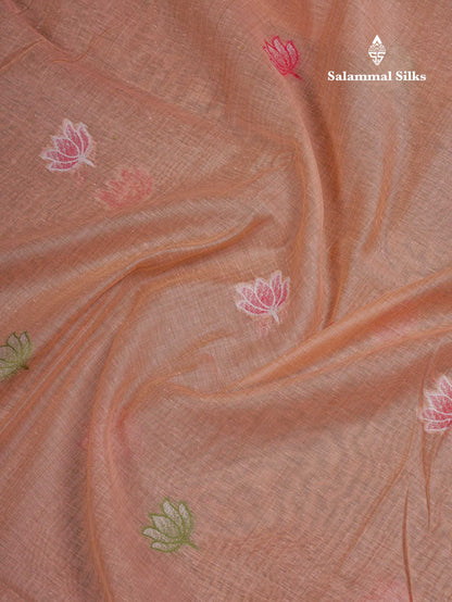Beautiful Baby Pink Thread Work Buttas Muga Cotton Saree With Small Ribbon Border