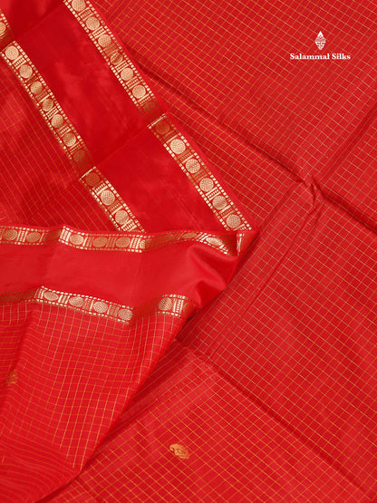 Semi Silk Saree - Orange Colour Body Zari Checks With Butta & Traditional Rettapet Border