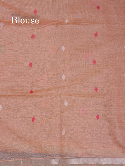 Beautiful Baby Pink Thread Work Buttas Muga Cotton Saree With Small Ribbon Border