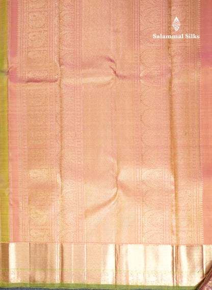 Parrot Green Traditional Buttas Pure Kanjivaram Silk Saree Pure Zari with Pink Border