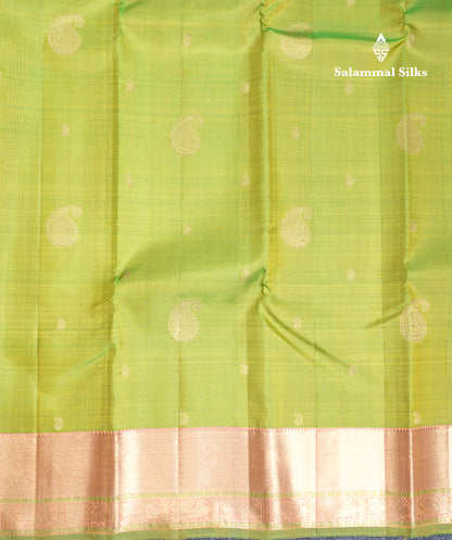 Parrot Green Traditional Buttas Pure Kanjivaram Silk Saree Pure Zari with Pink Border