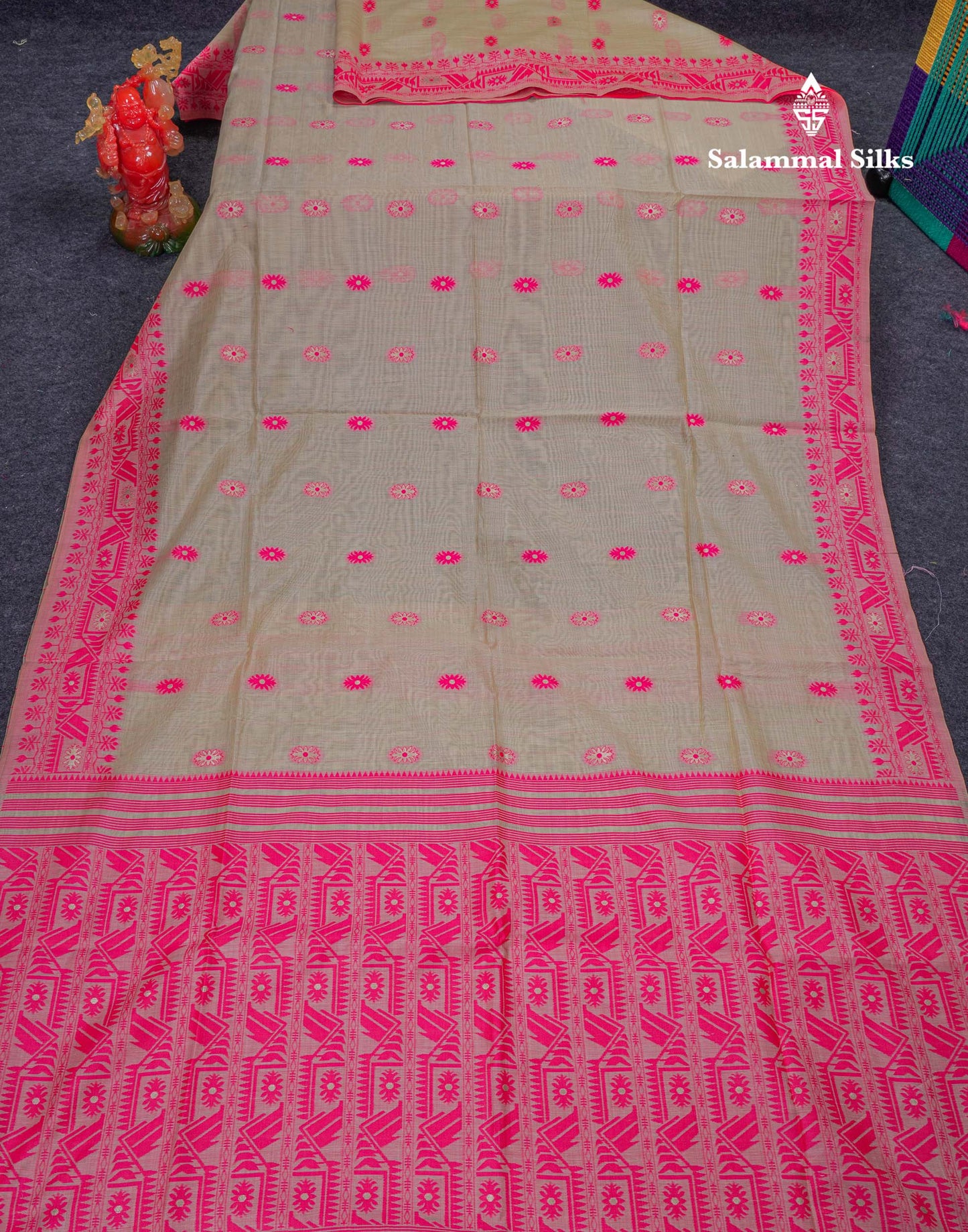 Beautiful Cream Sandal Thread Work & Zari Buttas Muga Cotton Saree With Contrast Pink Fancy Border