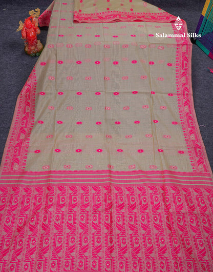 Beautiful Cream Sandal Thread Work & Zari Buttas Muga Cotton Saree With Contrast Pink Fancy Border