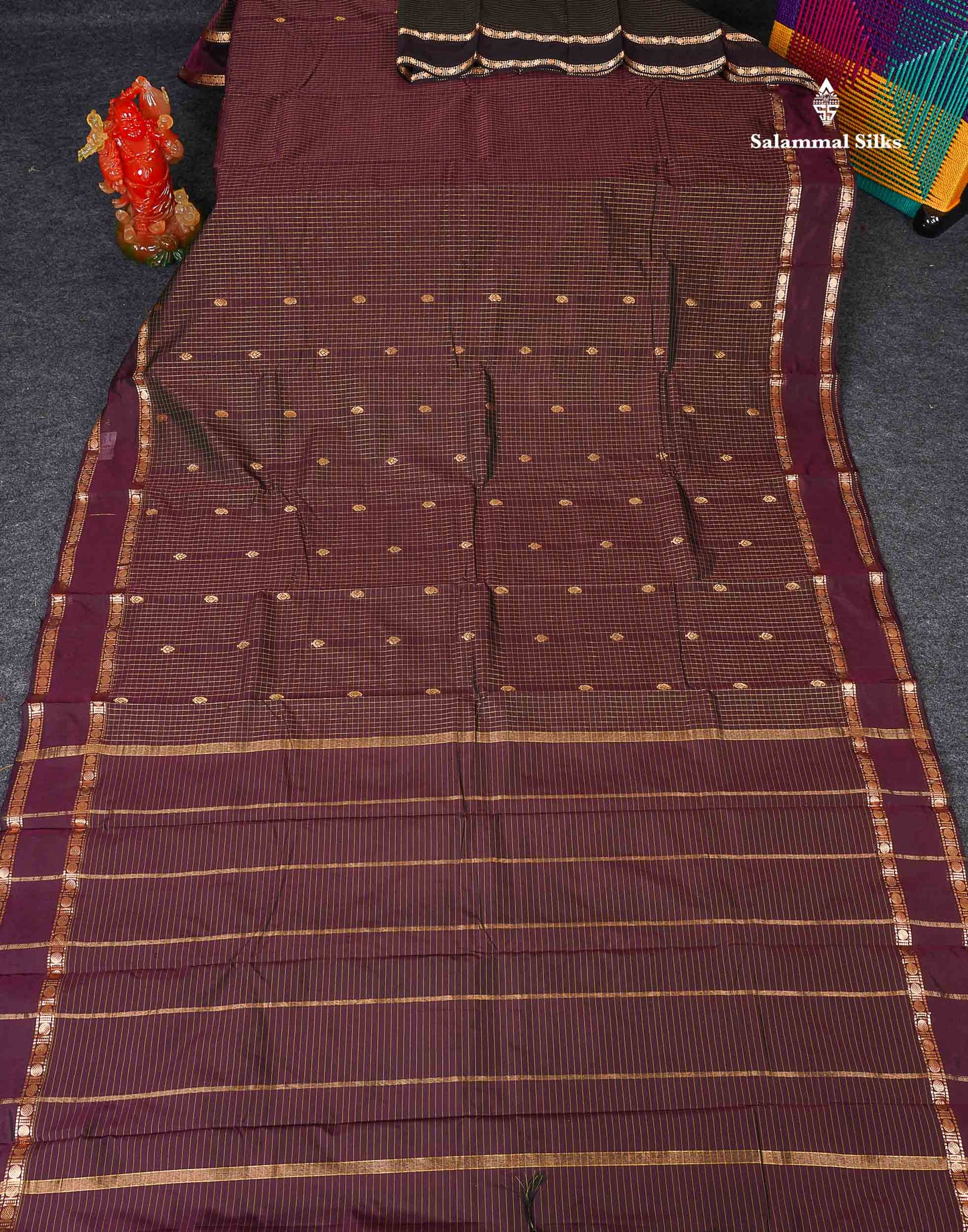 Semi Silk Saree - Dark Maroon Colour Body Zari Checks With Butta & Traditional Rettapet Border