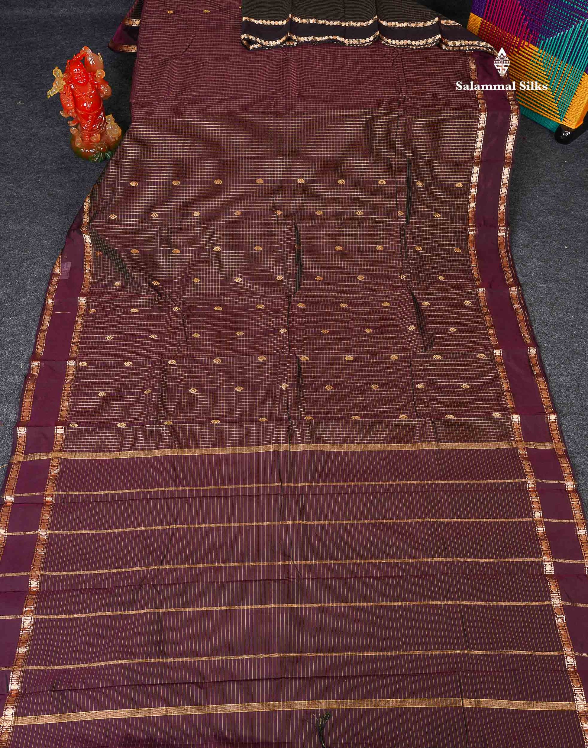 Semi Silk Saree - Dark Maroon Colour Body Zari Checks With Butta & Traditional Rettapet Border