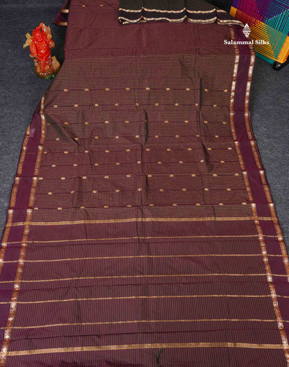 Semi Silk Saree - Dark Maroon Colour Body Zari Checks With Butta & Traditional Rettapet Border