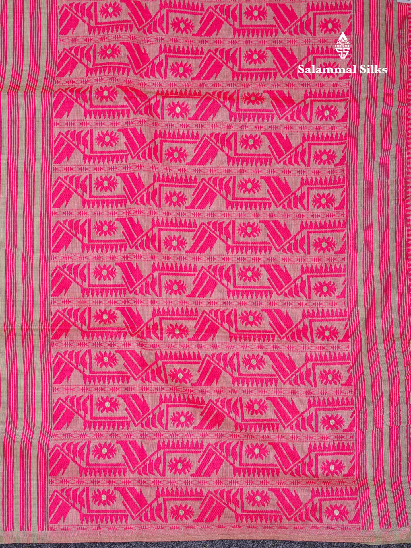 Beautiful Cream Sandal Thread Work & Zari Buttas Muga Cotton Saree With Contrast Pink Fancy Border