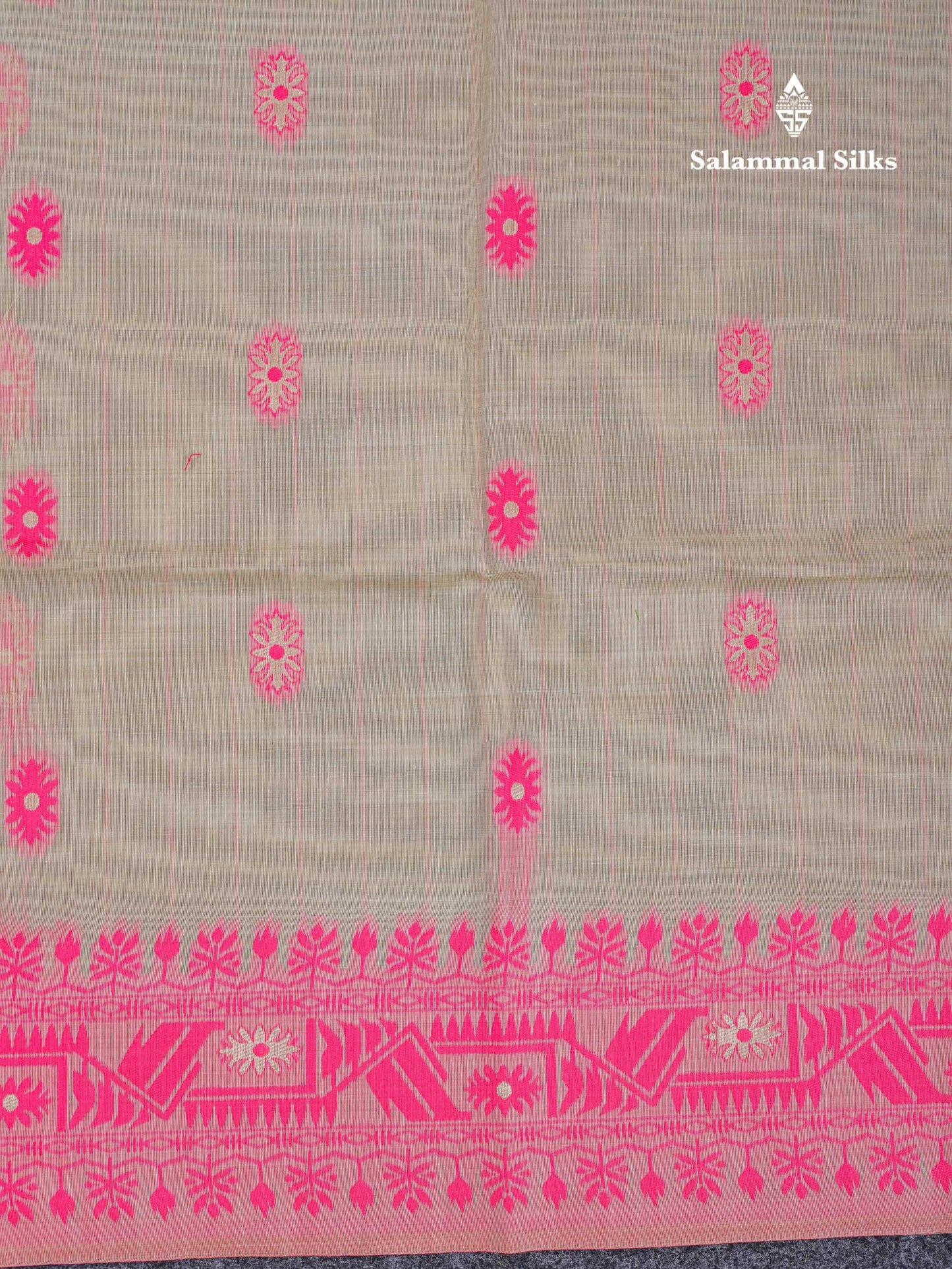 Beautiful Cream Sandal Thread Work & Zari Buttas Muga Cotton Saree With Contrast Pink Fancy Border