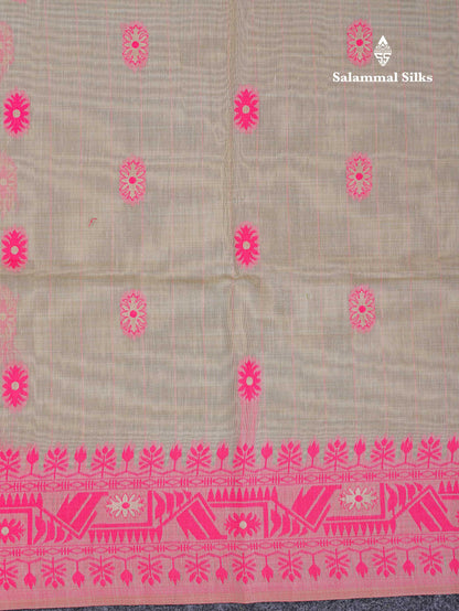 Beautiful Cream Sandal Thread Work & Zari Buttas Muga Cotton Saree With Contrast Pink Fancy Border