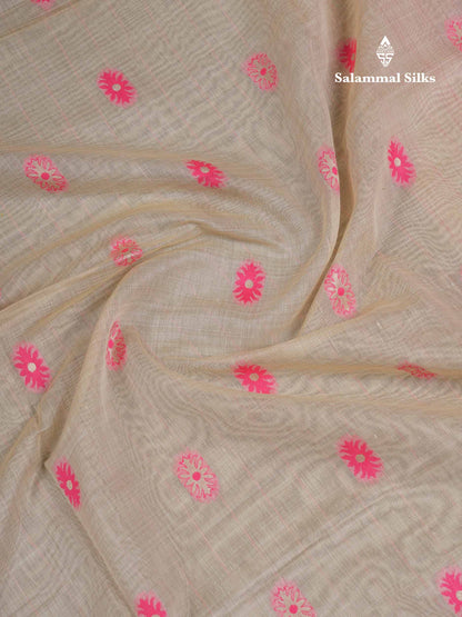 Beautiful Cream Sandal Thread Work & Zari Buttas Muga Cotton Saree With Contrast Pink Fancy Border