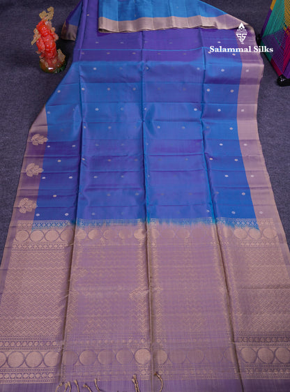 Beautiful Dual Tone Peacock Blue PureMix Kanjivaram Soft Silk Saree With Contrast Light Violet Blouse