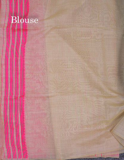Beautiful Cream Sandal Thread Work & Zari Buttas Muga Cotton Saree With Contrast Pink Fancy Border